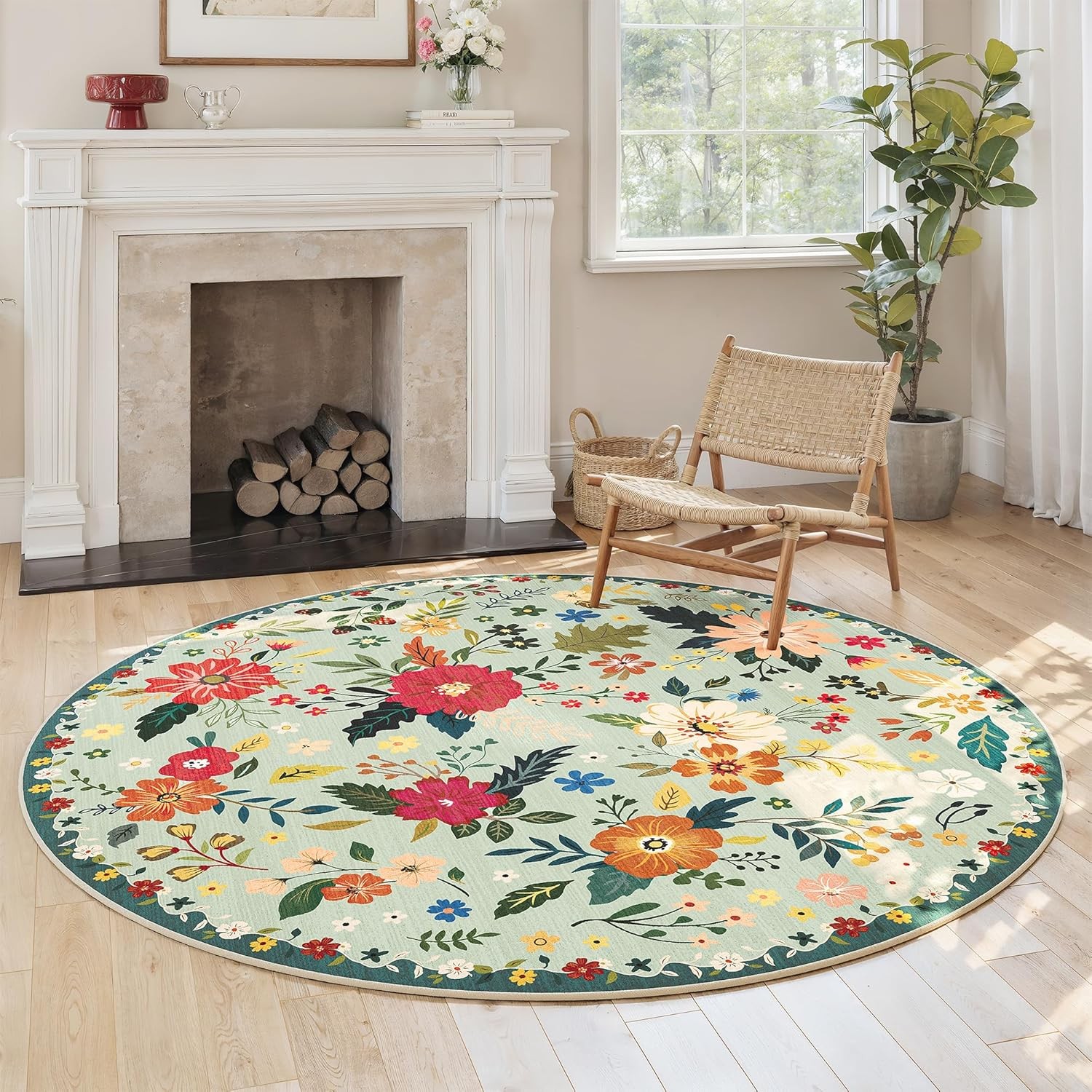 5ft Round Rug Green Floral Washable Soft Non Slip Boho Circle Area Low Pile