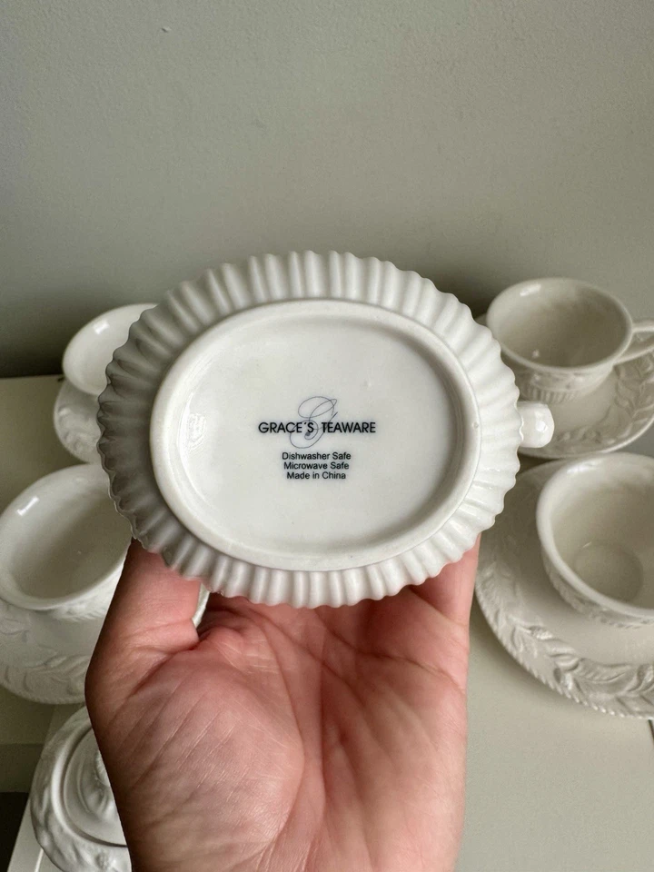 GRACE’S TEAWARE Porcelain White Embossed Fruit/berry Vine 14 Piece Set MINT - Image 4 of 4