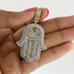 Authentic 2Ct Round Cut Lab Created Diamond Hamsa Hand Pendant 14K Two-Tone Gold Plated