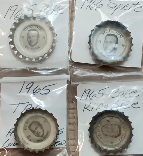 4 Vintage '60s Coca-Cola Soda Bottle Caps NFL Bill Brown Vikings Sprite Tab KING