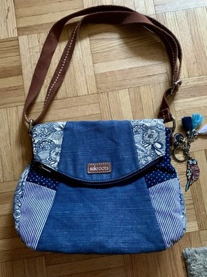 Sakroots Artist Circle Foldover Denim Crossbody Cotton Canvas Purse Owl Bling
