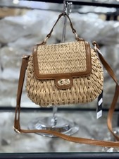 Boho Straw Woven Crossbody Bag Summer Rattan Handbag with Vegan Leather Trim
