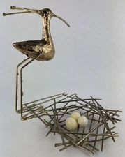 C Jere Inspired Sandpiper and Bird's Nest Table Sculpture MCM Bird Eggs Metal