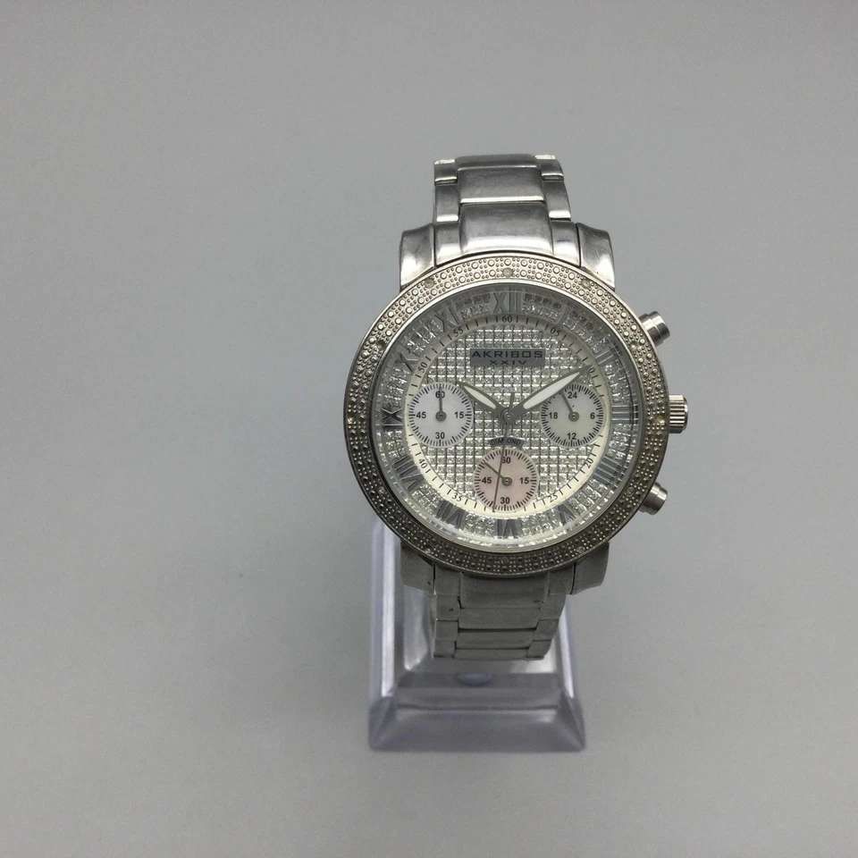 Akribos XXIV Watch Womens 36mm Chronograph Silver Tone Crystals New Battery 7.5" - image 2 of 4