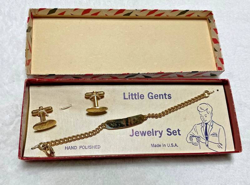 Vintage Estate Kids Little Gents Gold Tone Cuff Links & ID Bracelet with Box USA