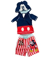 Disney Store Baby Mickey Mouse Hooded Swim Shirt Rash Guard Set Size 9-12M