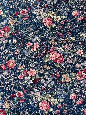Vtg Joan Kessler Concord Navy Blue Rose Swiss Dot Floral Chintz Calico HALF YARD