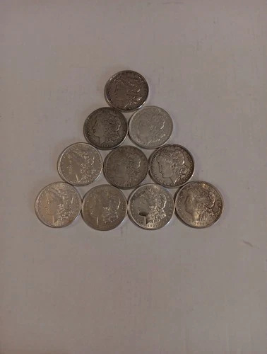 10 Silver Dollars 5 MS + 5 AU Morgan Silver Dollars 1881-1921 Mixed Dates+Mints