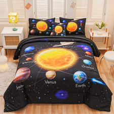 6 Pcs Bed in a Bag Twin Comforter Set for Boys, Solar System Universe Planet Com