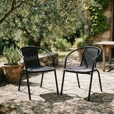 2PCS Outdoor Garden Rattan Bistro Chairs Black Metal Frame Stackable Patio Di...