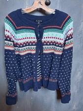 J. Crew Navy Blue Wool Polyester Blend Cherry Fair Isle Cardigan Sweater Large