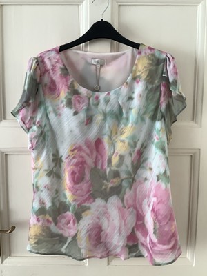 Brandneu mit Etikett CC DAMEN FORMELL KURZÄRMELIG BLUMENDRUCK CHIFFON OBERTEIL BLUSE UK 16