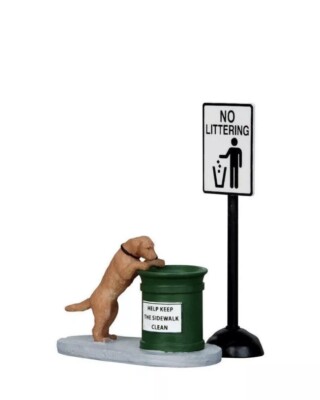NO LITTERING LEMAX Christmas Village Town City 14387 Figurine Dog Puppy 2 pc