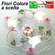 PLAFONIERA IN FERRO BATTUTO 3 LUCI AVORIO ORO LAMPADARIO FIORI ROSA ORO Sogno