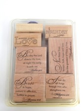 LOT 7pc VINTAGE WOOD Mount RUBBER STAMP Text Card Making (C55)