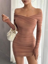 SHEIN WOMEN'S PETITE OFF SHOULDER RUCHED MESH BODYCON DRESS PINK ~ SZ XS ~ NWT