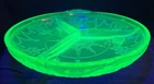 Vintage Anchor Hocking Vaseline Glass 3 Footed, Divided Relish Dish “Cameo”