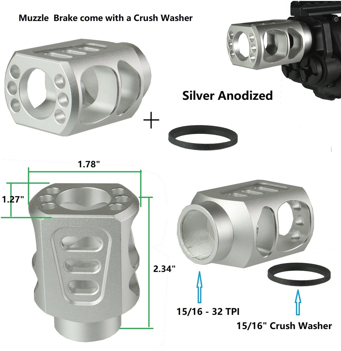 Silver 15/16-32 TPI 12 GA Muzzle Brake Compensator Reducer 15