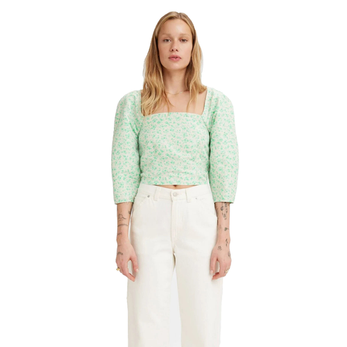 Levi's Women's Puff 3/4 Sleeve Cropped Blouse Electric Green Floral Size Medium - Picture 5 of 23