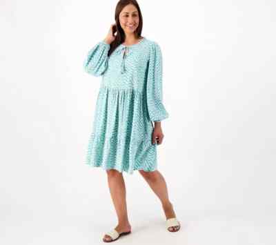 Destination 365 Printed V-Neck Tiered Dress-Marine Blue-Large-NEW-A607279