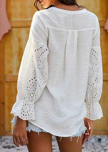 Women's Casual V-Neck Eyelet Ruffle Long Sleeve Button Down Blouse Shirt Top W S - Picture 2 of 6