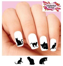 Waterslide Nail Decals Set of 20 - Black Kitty Cat Silhouette Assorted