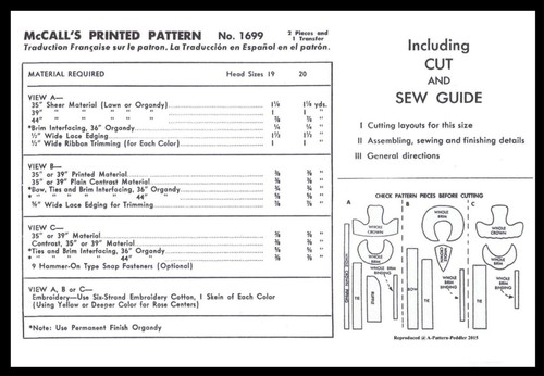 McCalls 1699 BONNET Fabric Sewing PATTERN GIRL Childs KIDS Hats BABY Toddler 19" - Picture 2 of 7