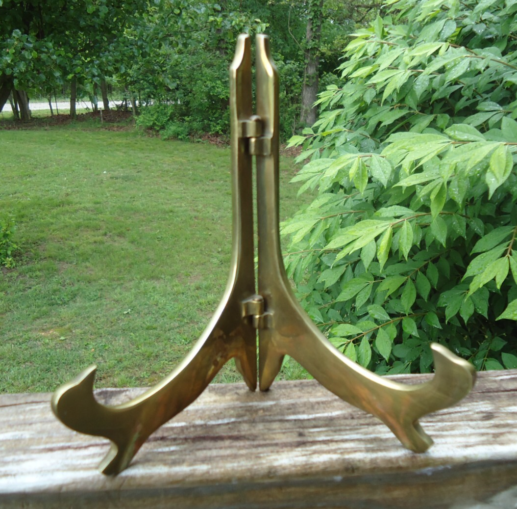 VTG Mid-Century Brass Hinged Book Plate Easel Stand 6.75in MCM Library Display