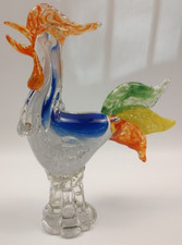 Large Murano Style Glass Pedestal Crowing Rooster Multicolor Figurine 11" Vtg
