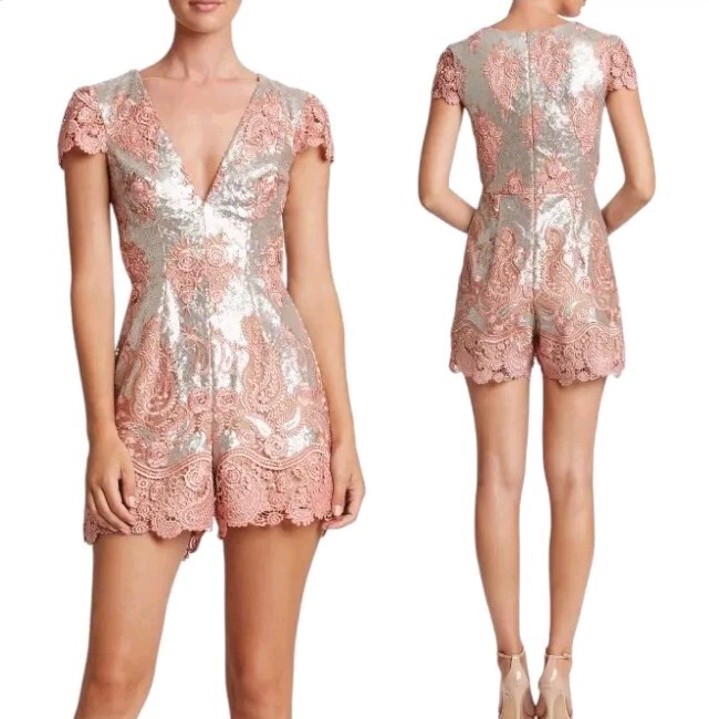 Dress the Population Sabrina Sequin & Lace Romper in Silver Dusty Rose - Elegant Party Wear-image