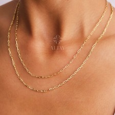 14K Gold Paperclip Chain Necklace, Rectangle Link Choker, Link Chain Necklace