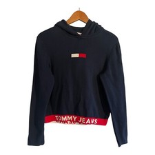 Tommy Hilfiger Hoodie Sz Medium Cropped Navy Blue Red Banded Spellout Y2k Retro