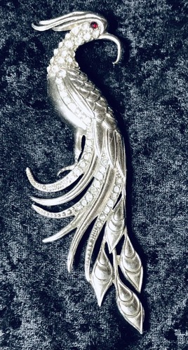 Antique Vintage 5” Art Deco Pot Metal Rhinestone Peacock Bird Of Paradise Brooch