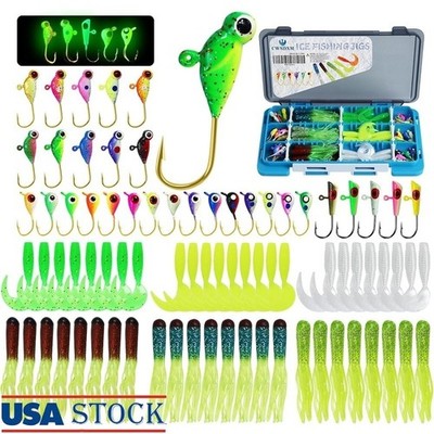 Complete Ice Fishing Jigs Kit 78pcs Luminous Hooks Soft Baits Tackle Box New