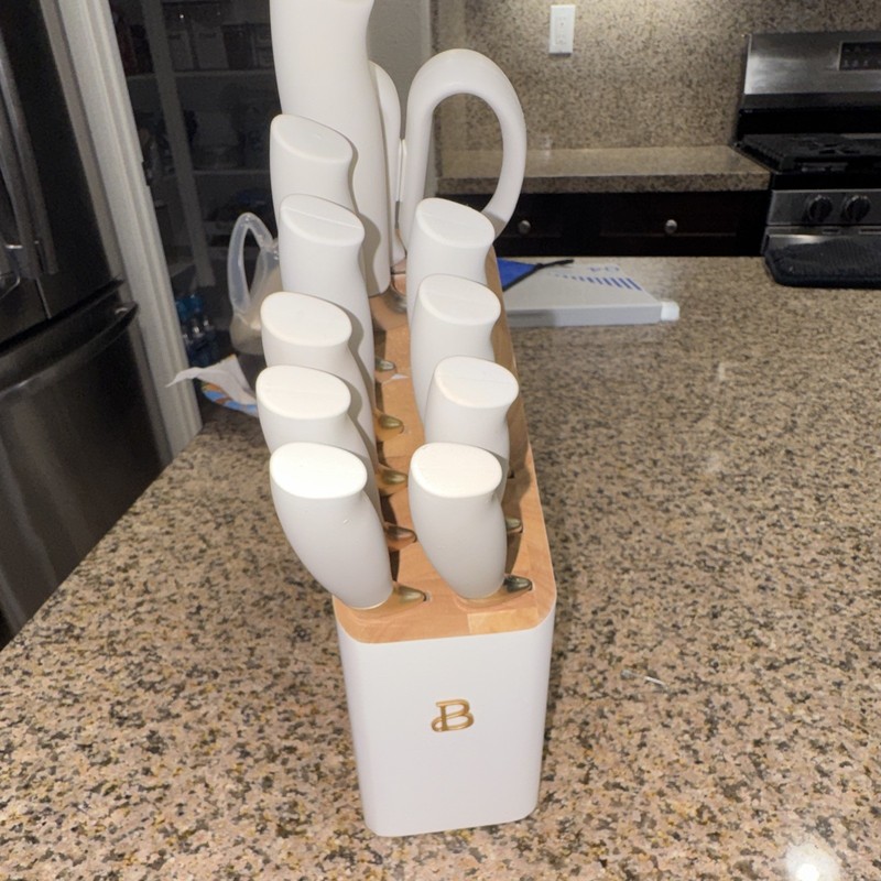 White/Gold Modern Knife Block, Beech Wood Top, 12-Slot Knife Holder Model B