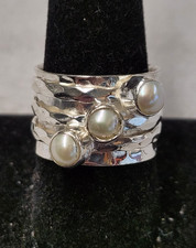 Pearl Hammered Sterling Silver Ring sz 9.5