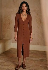 SÉZANE CHARLIE NOISETTE Midi Dress Hazelnut Long Sleeve SZ XM 