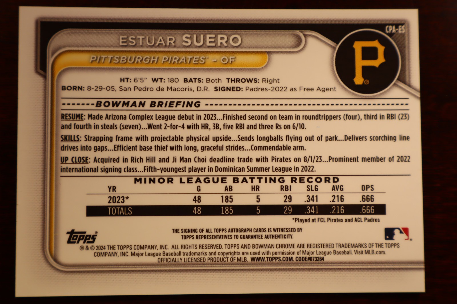 2024 Bowman - Chrome 1st Autographs Estuar Suero Green Grass /99 Auto view 2