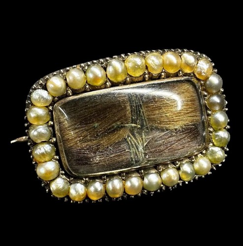 Antique 9K Gold Victorian Mourning Brooch Hairwork Seed Pearl Prince of Wales