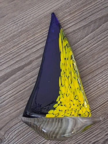 Murano Art Glass Sailboat Sculpture – Hand Blown Cobalt Blue & Yellow –8” Tall