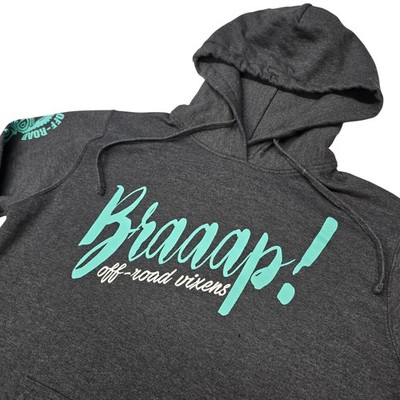 Off-Road Vixens Braaap Girls Get Dirty Too Hoodie Charcoal Gray Teal Womens M