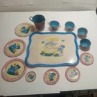Vintage OHIO ART 1950s 13 Piece Set Tin Litho Child's Tea Set Girl w/ Puppy Dog