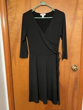 Talbots Classic Black Jersey Faux Wrap Dress Misses Size 4, Waist Tie, V-neck
