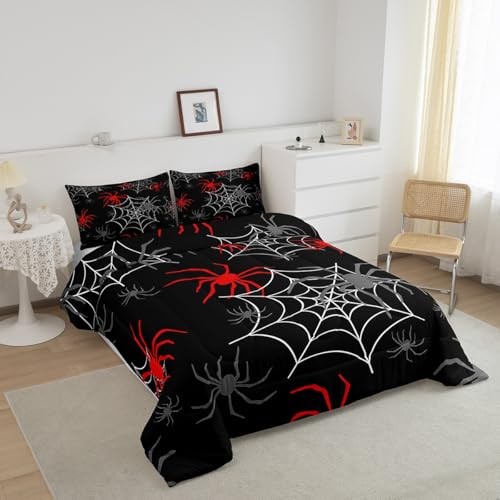Red Black White Cobweb Comforter Set Size, Scary Halloween Queen Multi 27 - Picture 4 of 7