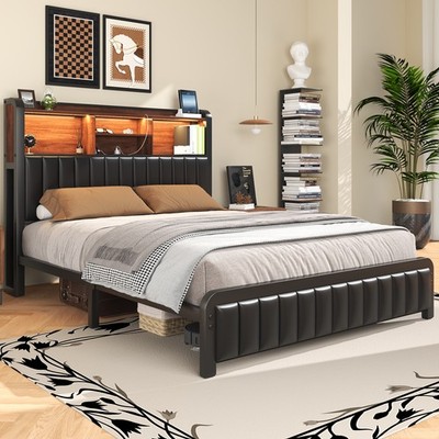 Full Queen Size Iron Bed Frame with Storage Headboard, LED and Charging Station