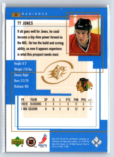 1999-00 SPx Radiance #34 Ty Jones Blackhawks /100 - Picture 2 of 2