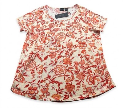 Rachel Zoe Floral Short Sleeve Top Orange Cream 1X 100% Cotton NWT