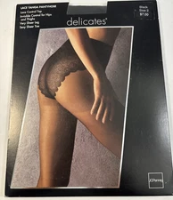 Delicates Lace Tanga Pantyhose Sexy Black Size 2 Lace Control Top Sheer Leg Toe