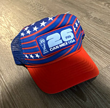 FIFA World Cup 26 CAN MEX USA Dev Foam Trucker Hat Cap Blue/Red Stars Mesh