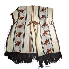 Vtg 1970s Ivory Brown Bird Patterned Knit Tie Front Fringe Trim Poncho Sweater L